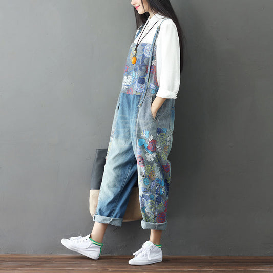 Women's Stitching Printed Suspenders Big Crotch Suspender Jeans