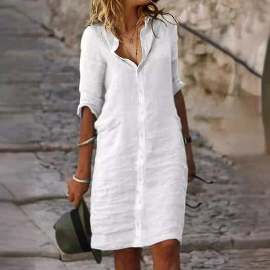 Button Half Sleeve Solid Color Cotton Linen Dresses