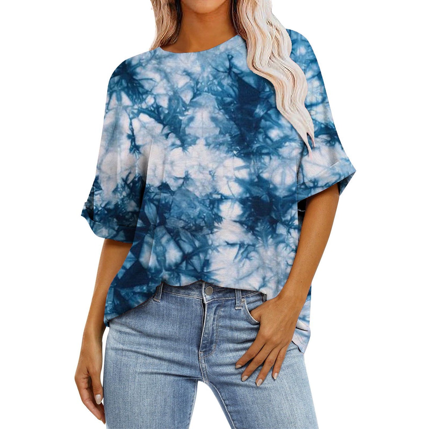 Women's Gradient Color Sleeve Casual Round Neck Blouses