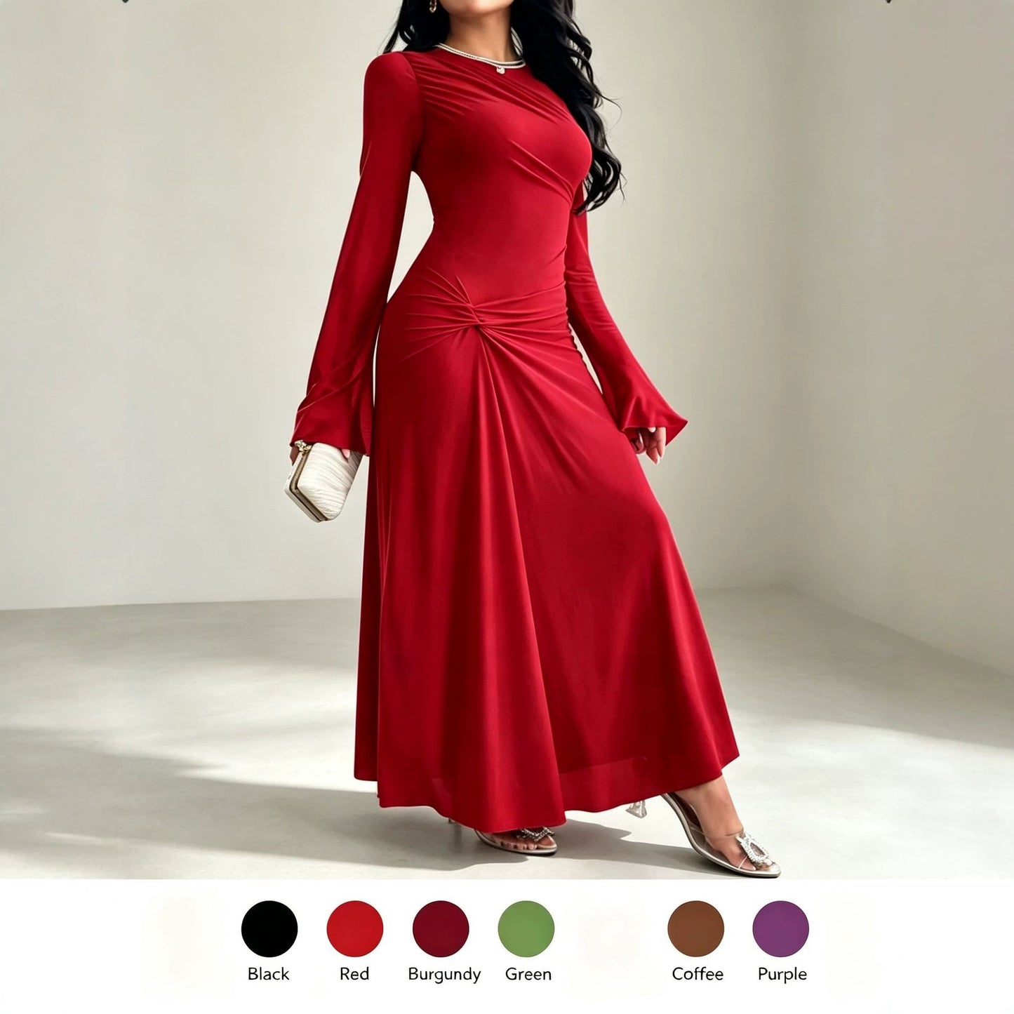 Flared Sleeves Tight Waist Pinch Pleated Slim Fit Solid Color Dress