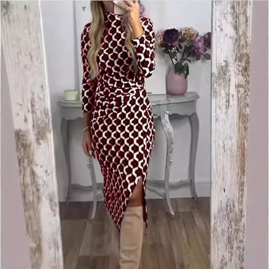 Women's Fashion Floral Print Slit Long-sleeved Dress Dresses