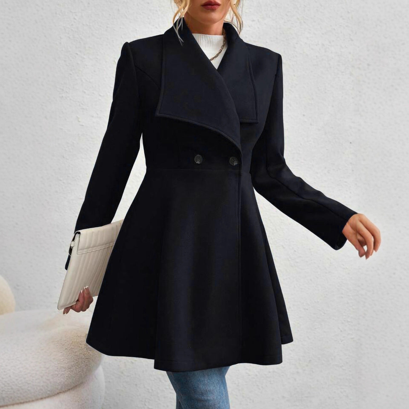 Women's Woolen Slim Fit Long Fashion Lapel Coats