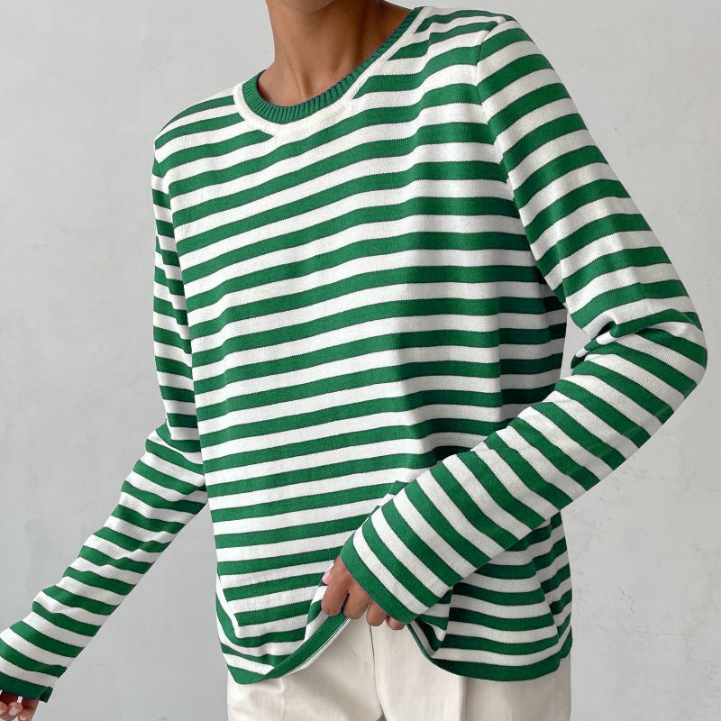 Women's Round Neck Knitted Striped Versatile Classic Retro Pullover Women's Sweater