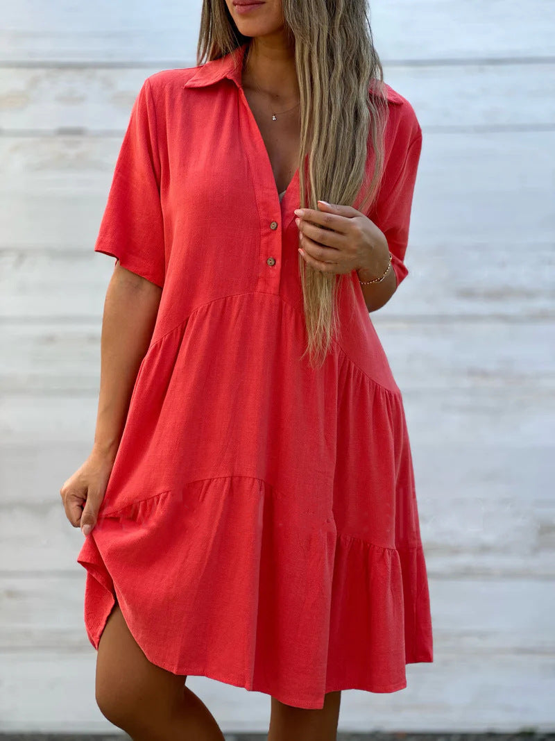 Women's Loose Solid Color Polo Collar Casual Sleeve Dress