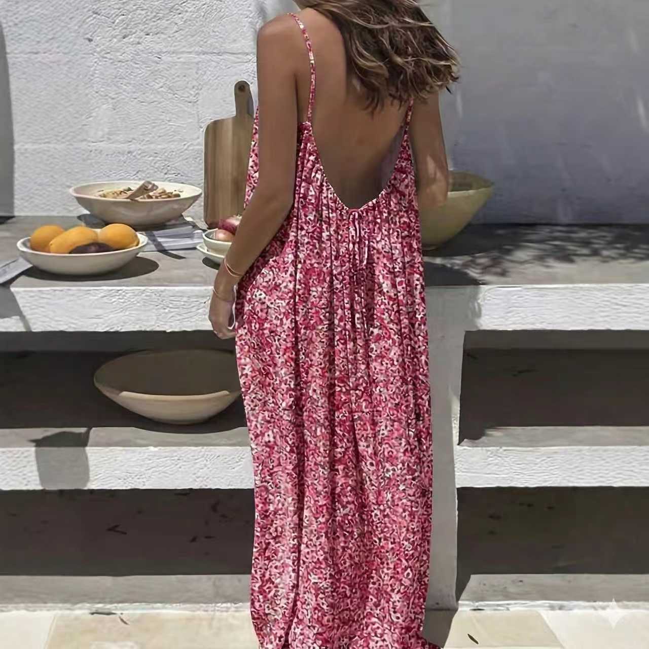 Women's Sling Backless Loose Leisure Pajamas Printed Dress