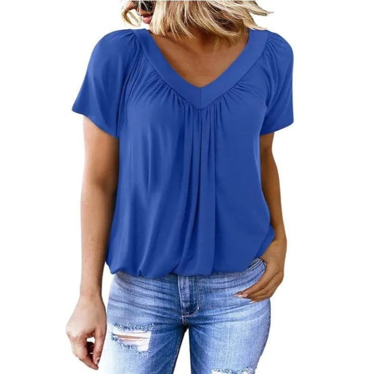 Women's Casual Pleated Solid Color Short-sleeved T-shirt Blouses