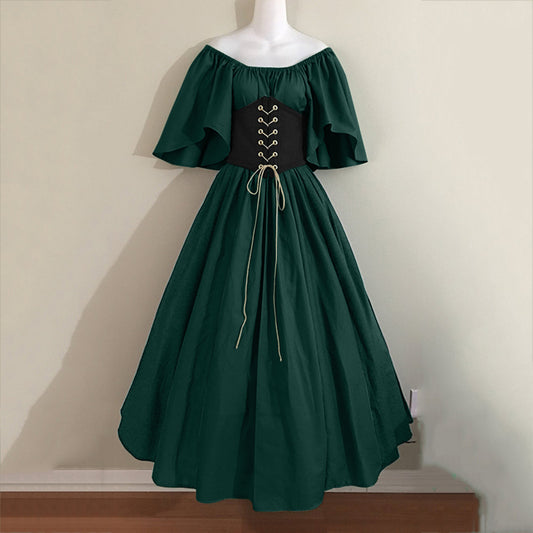 Women's Retro Color Contrast Patchwork Flying Sleeves Cinched Dresses