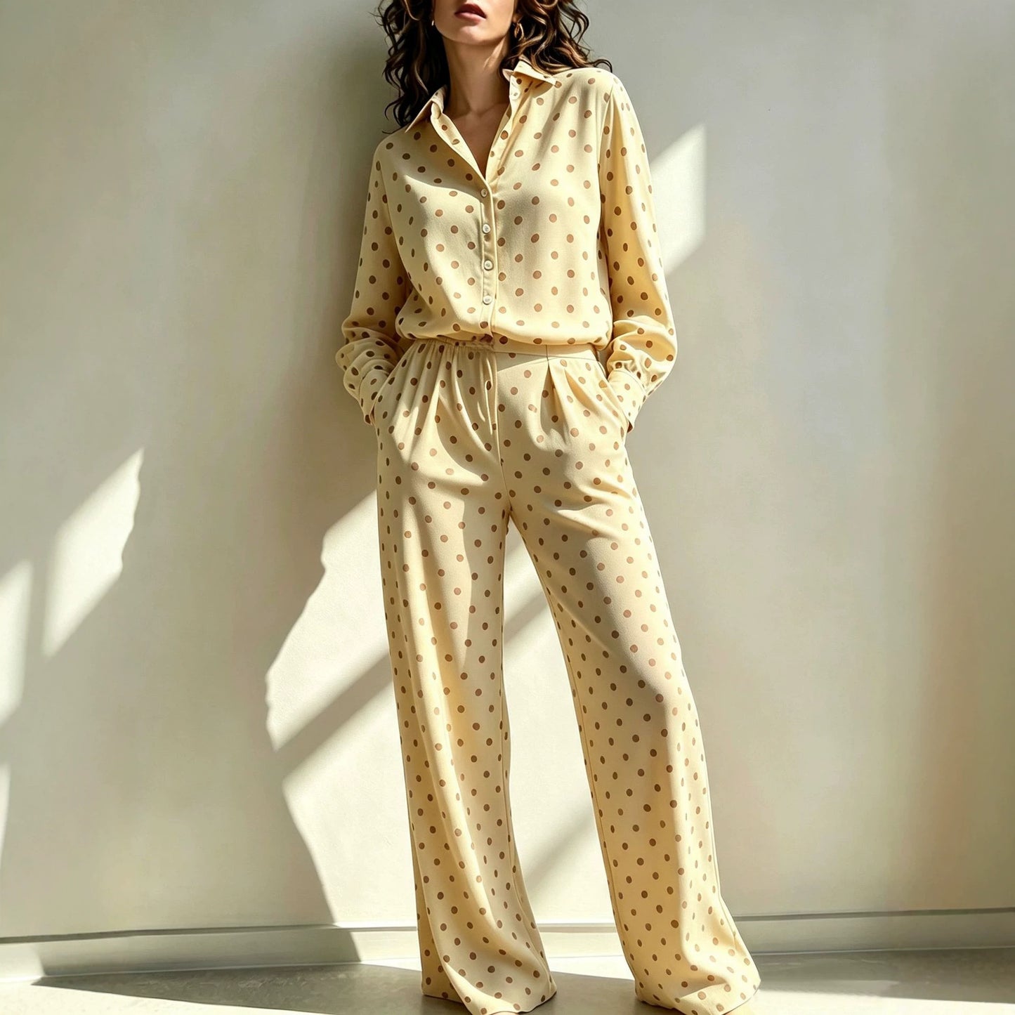 Sleeve Lapel Shirt Elastic Waist Wide Leg Two-piece Set Light Pants