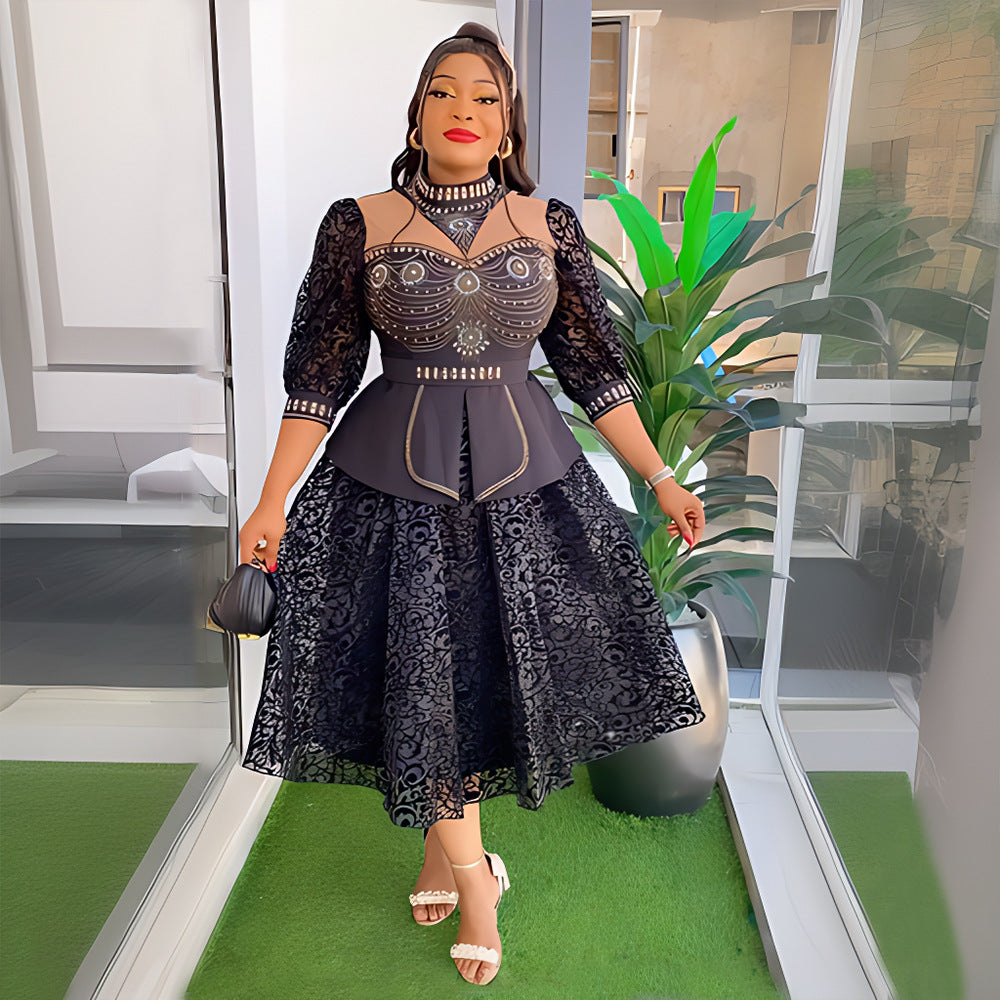 Women's African Rhinestone Bubble Beads Drawstring Lace Dresses