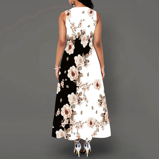 Women's Neck Sleeveless Printed Dress Pocket Cinched Long Large Dresses