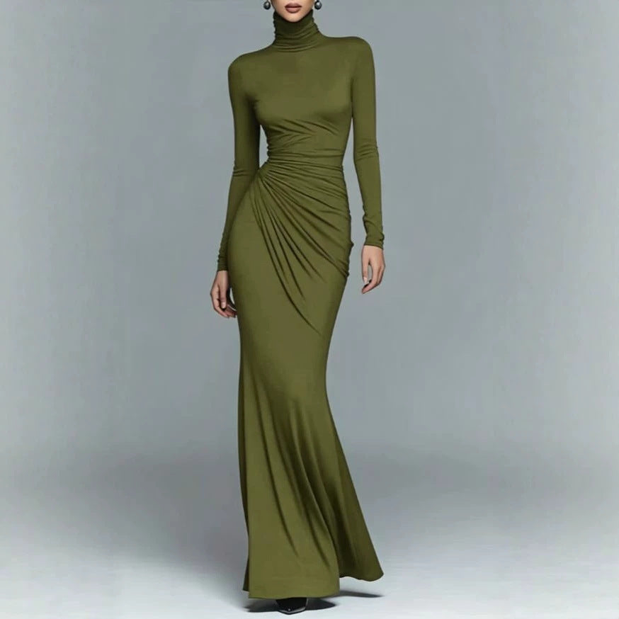 Women's Autumn Solid Color Turtleneck Long Sleeve Sexy Waist Dress