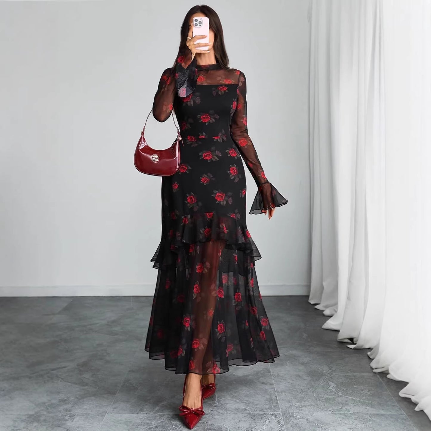 Women's Printed Black Ruffle Sleeve Plant Floral Print Dress