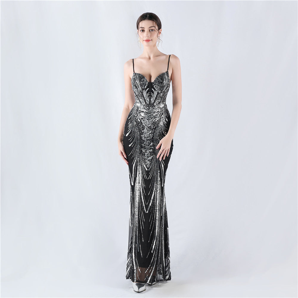 Shaping Waist Fishbone Sequined Positioning Flower Evening Dresses