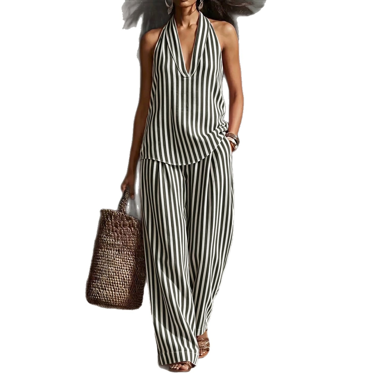 Striped Halter Sleeveless Cotton Linen Two-piece Fashion Casual Suit