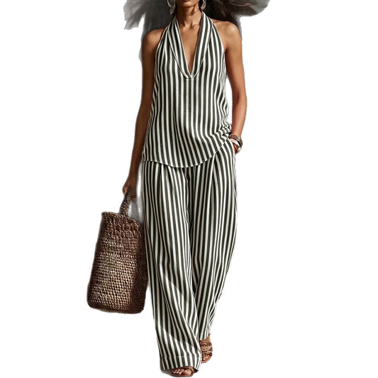 Striped Halter Sleeveless Cotton Linen Two-piece Fashion Casual Suit