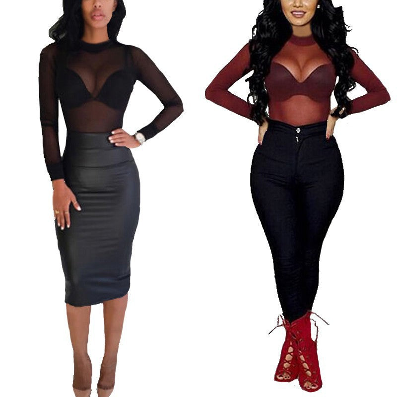 Women's Tight Sexy Mesh Bottoming Shirt Transparent Long Sleeve Blouses