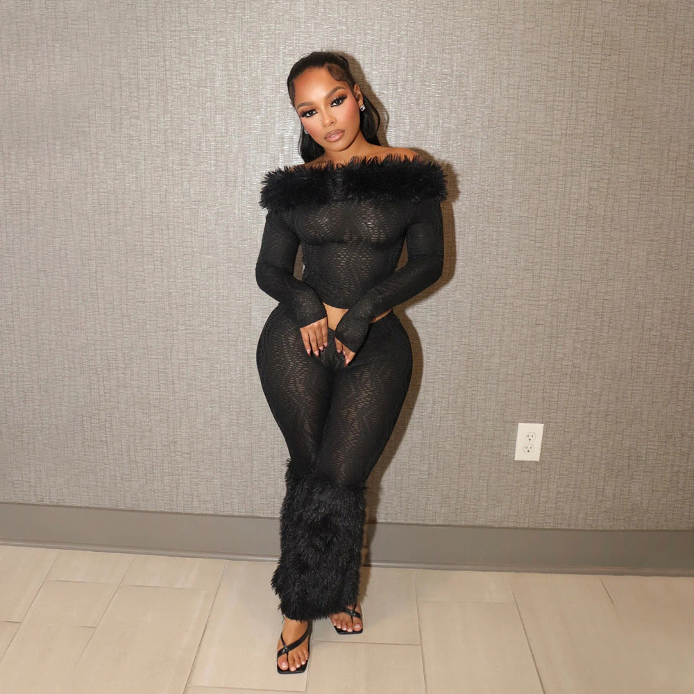 Long Sleeve Trousers Furry Two-piece Set Tops