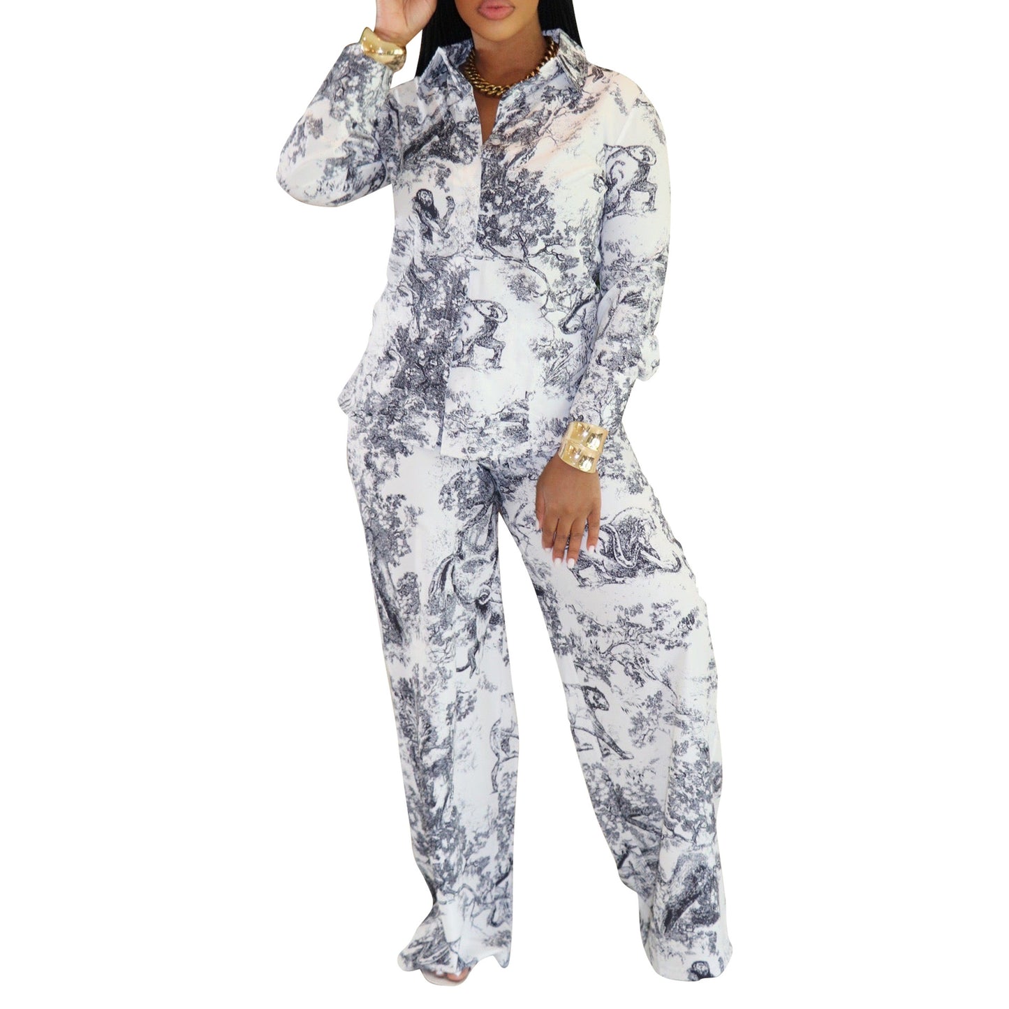 Women's Fashion Casual Long-sleeved Shirt Trousers Two-piece Suits