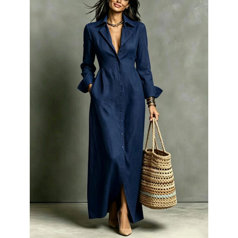 Casual Pocket Solid Color Breasted Lapel Dress