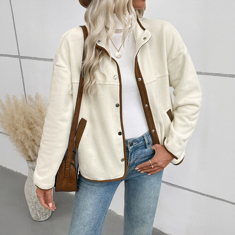Women's Contrast Color Polar Fleece Stand-up Collar Coats