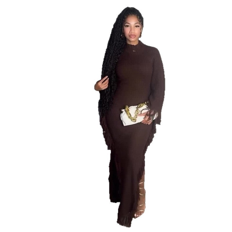 Women's Tassel Split Long Sleeve Slim Brown Dresses