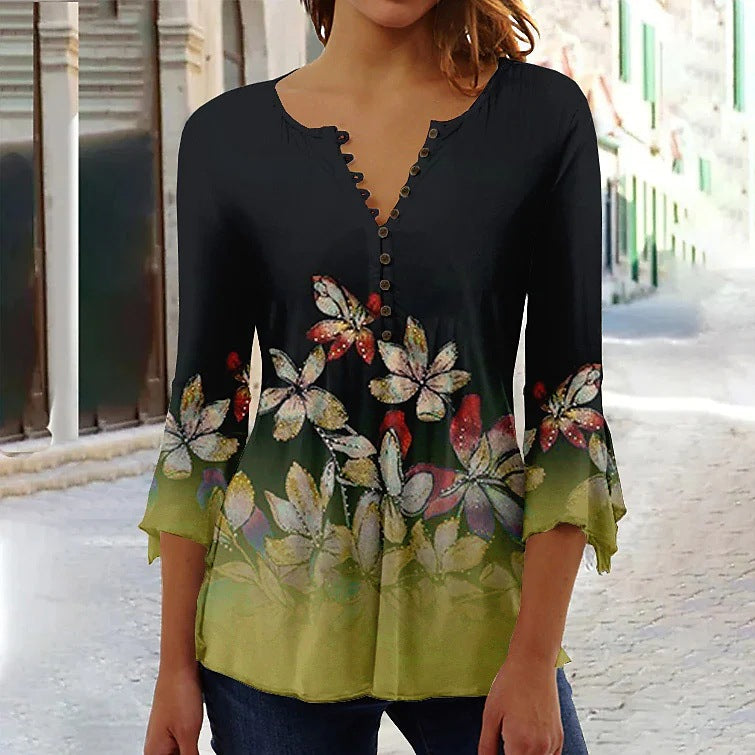 Women's Digital Printing Button T-shirt Flared Sleeves Clothing