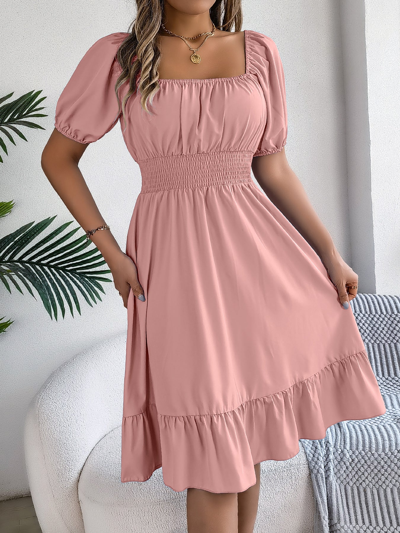 Women's Casual Square Collar Sleeve Waist Trimming Ruffles A- Dress