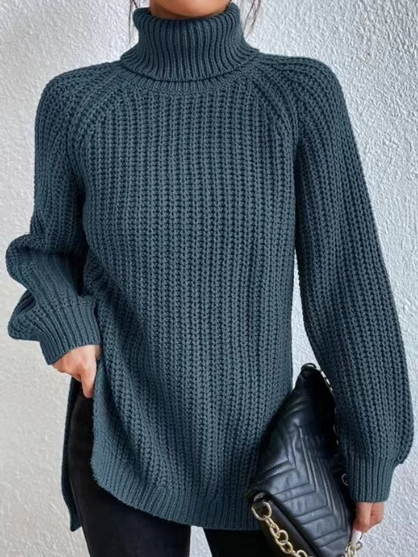 Women's Mid-length Raglan Sleeve High Lapel Split Knitwear