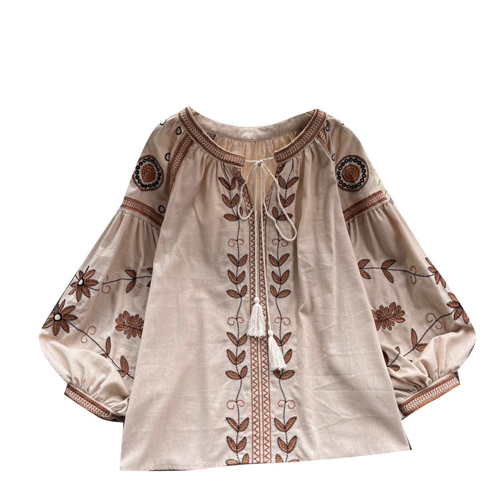 Women's Ethnic Style Design Sense Tassel Long Sleeve Loose Round Blouses