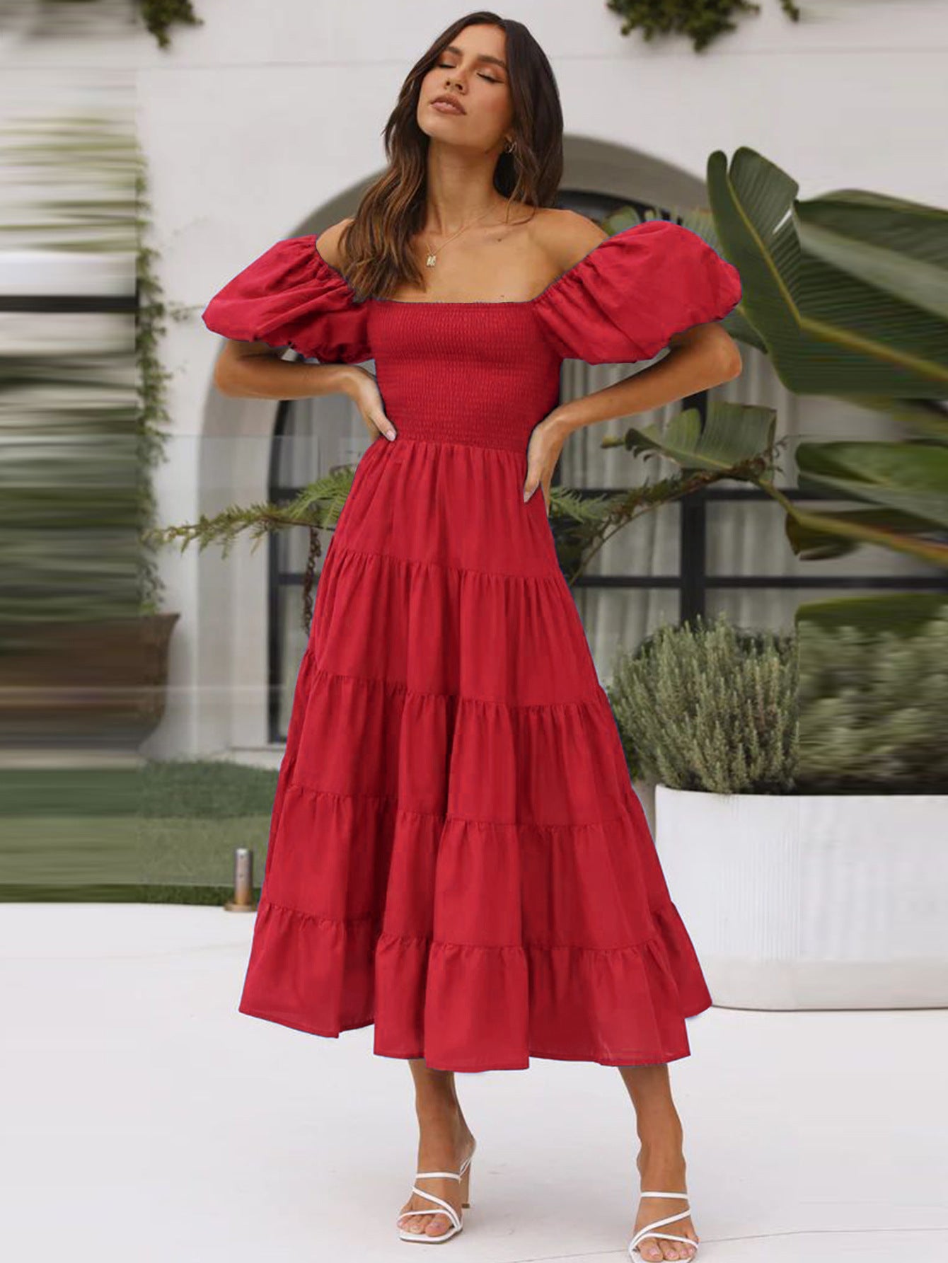 Women's Summer Puff Sleeve Holiday Slim Looking Long Dress Hot Dresses