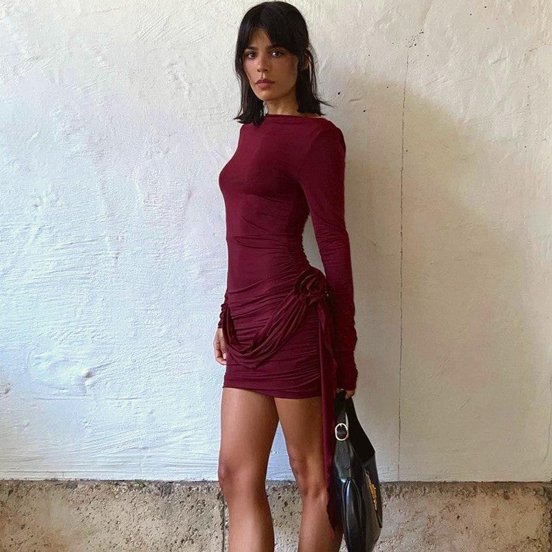 Solid Color Long Sleeve Round Neck Patchwork Dresses