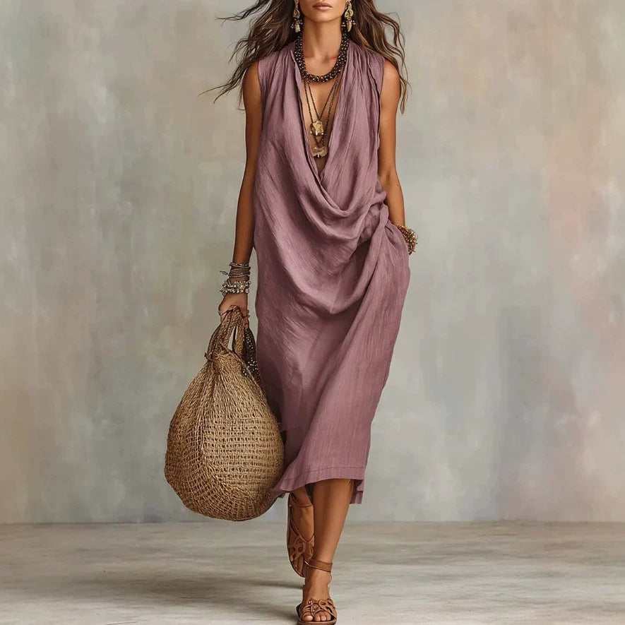Women's Casual Sleeve Loose Swing Collar Cotton Dress