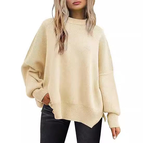 Women's Side Slit Round Neck Loose Solid Color Batwing Long Sweater