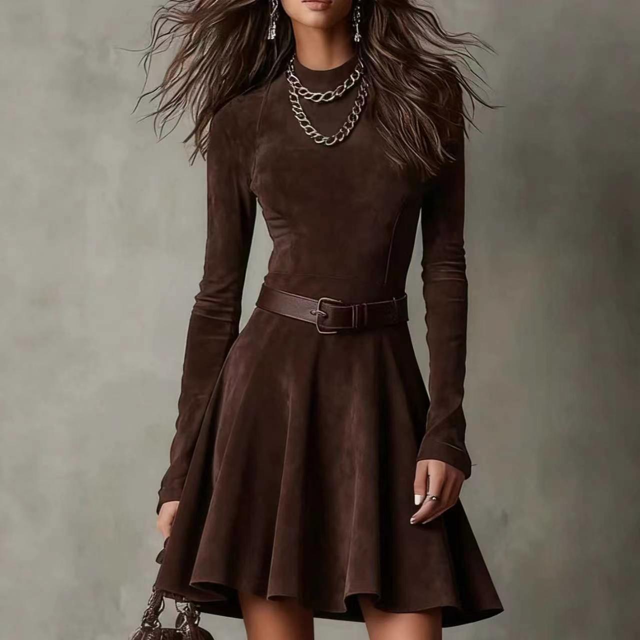 Women's Suede Long-sleeved Retro High Collar Slim Fit Skirts