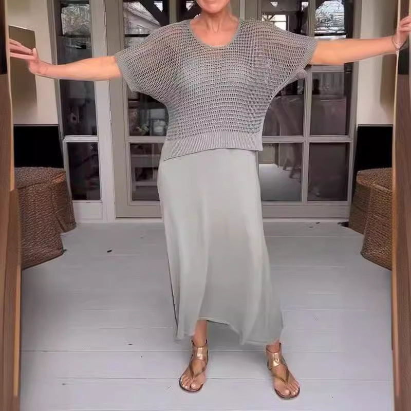 Chic Knitted Empty Dress Casual Solid Color Suits