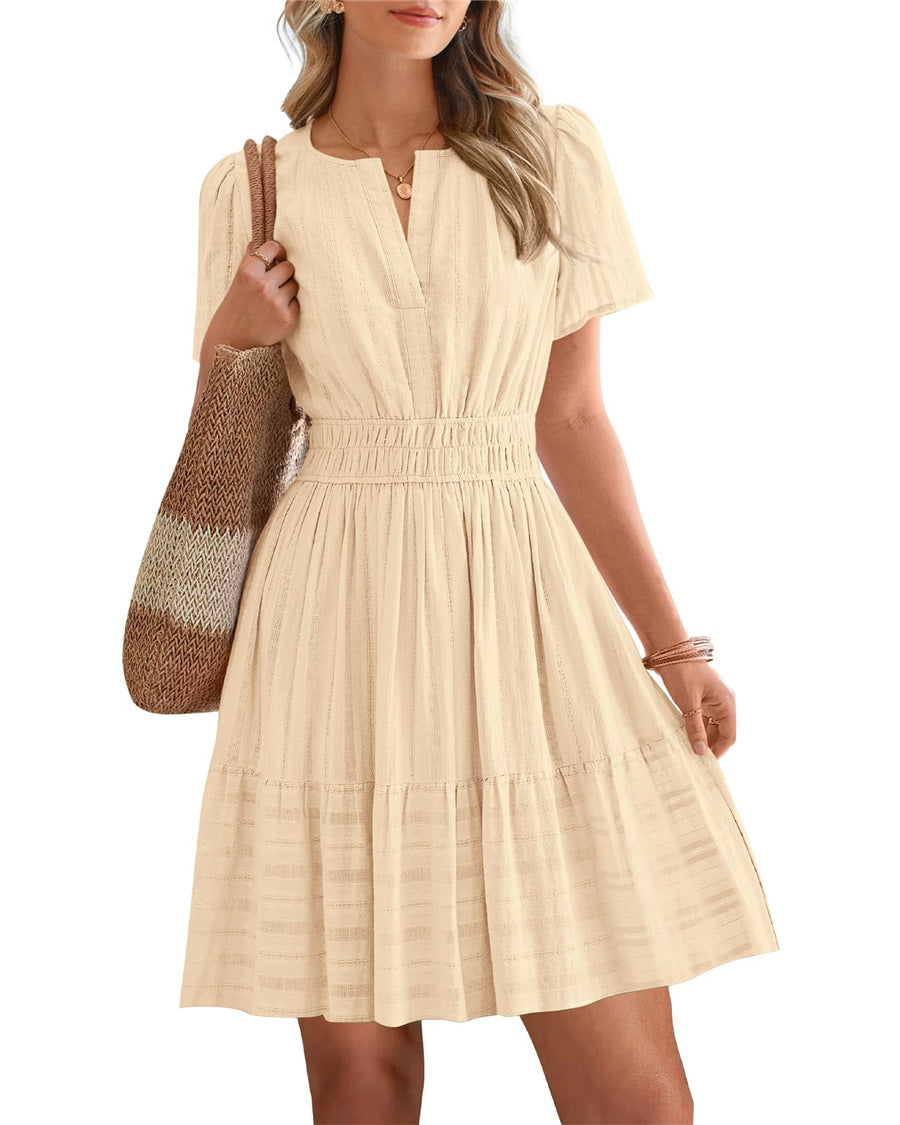 Women's Collar Pleating Puff Sleeve Large Swing Dress
