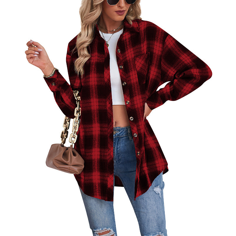 Women's Casual Boyfriend Style Loose Plaid Shirt Blouses