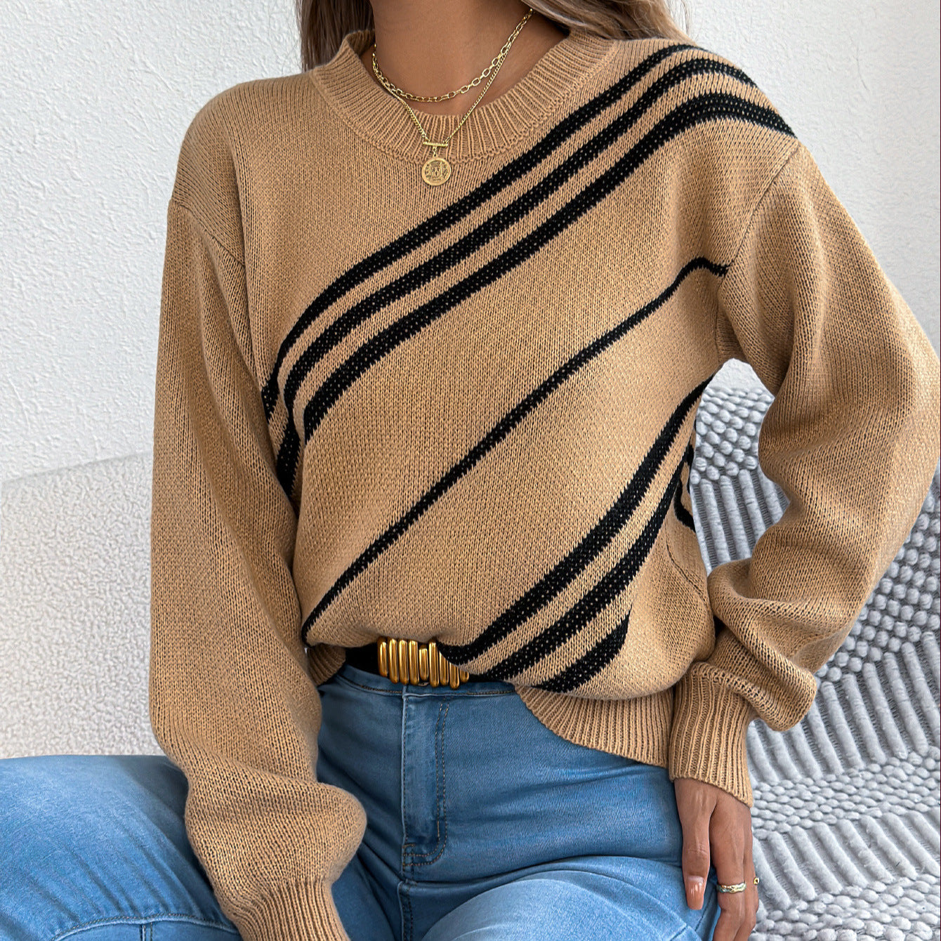 Women's Casual Striped Round Neck Lantern Long Clothing