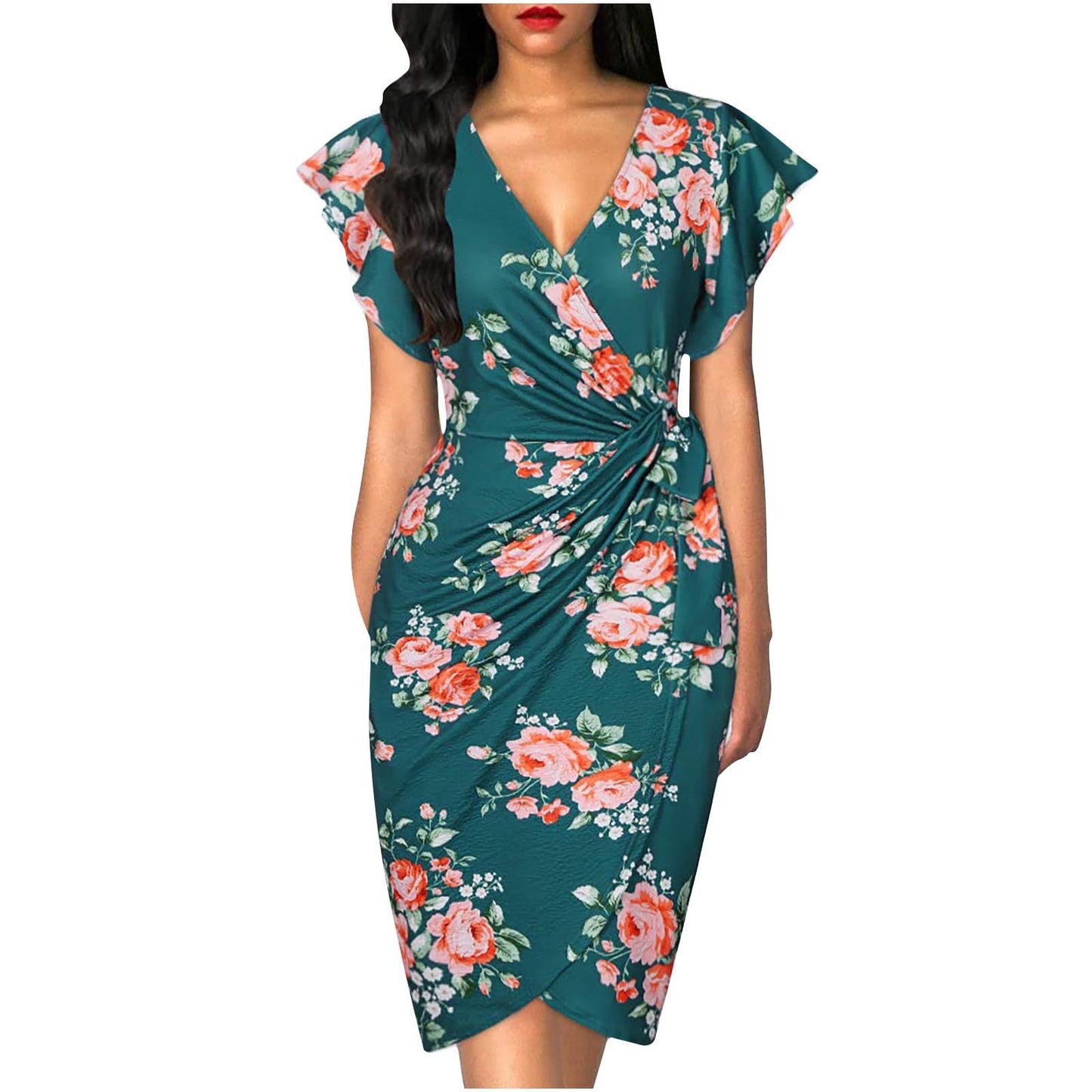 Women's Waist Pleating Printed Solid Color Dress Dresses
