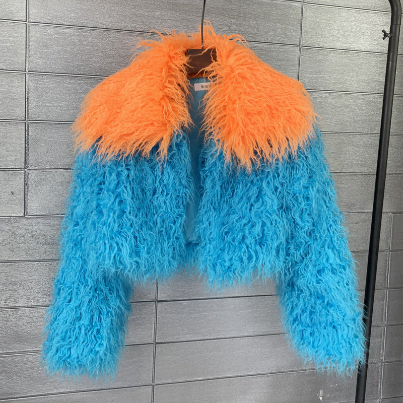 Women's Contrast Color Imitation Wool Faux Fur Coats