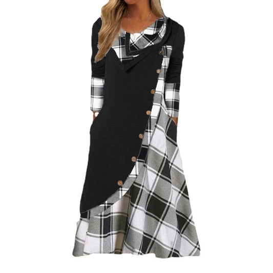 Women's Plaid Stitching With Pocket Pile Collar Dresses