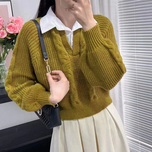 Women's Style Fake Two-piece Autumn Design Pullover Loose Slimming Sweater