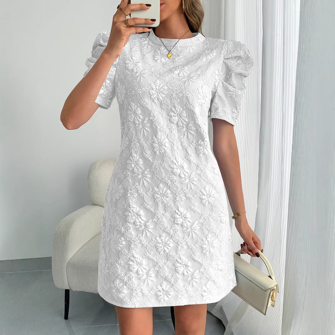Women's Casual Puff Sleeve Textured Jacquard Dress