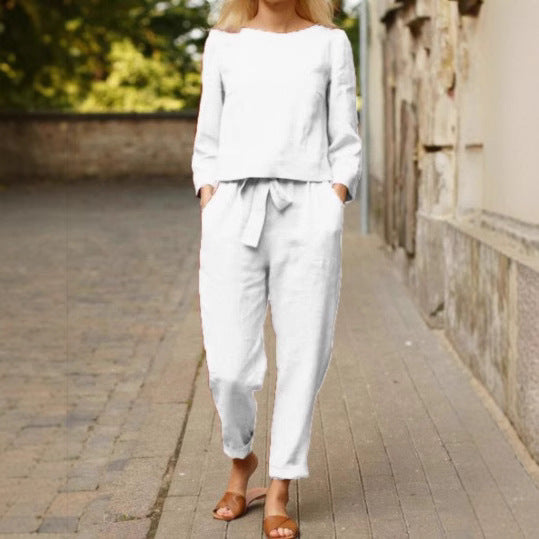 Women's Elastic Waistband Long-sleeved Trousers Solid Color Fashion Casual Suit