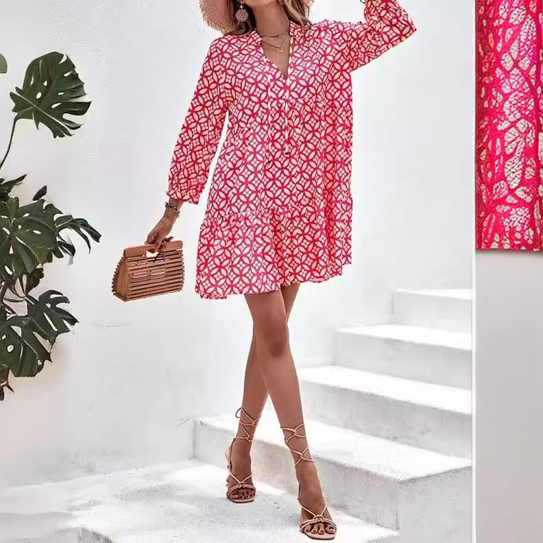 Fresh Printed Temperament Niche Floral Three-quarter Sleeve Dress
