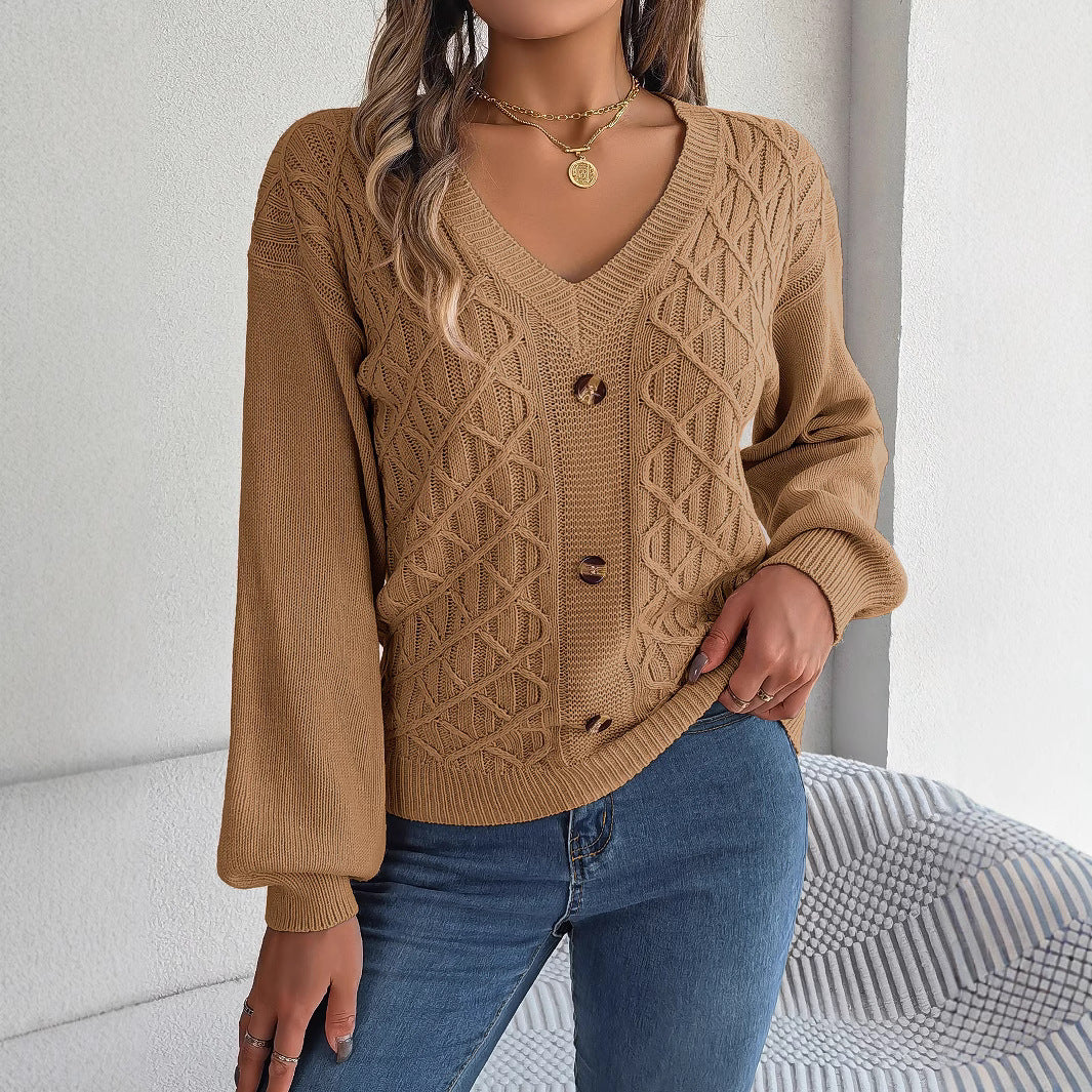 Women's Clearance Style Casual Button Twist Lantern Sleeve Sweaters