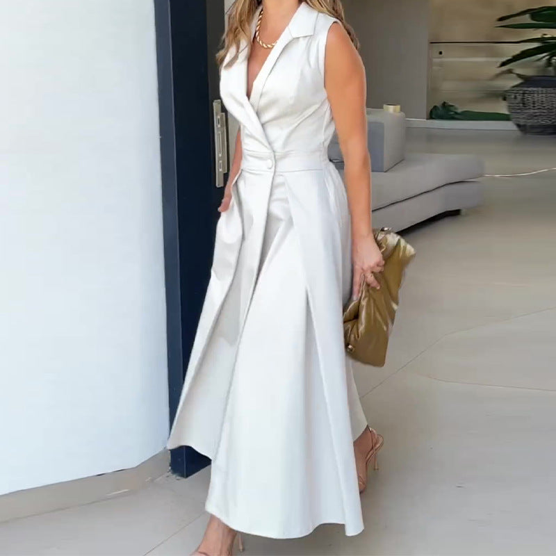 Autumn Solid Color Polo Collar Pleated Long Dresses