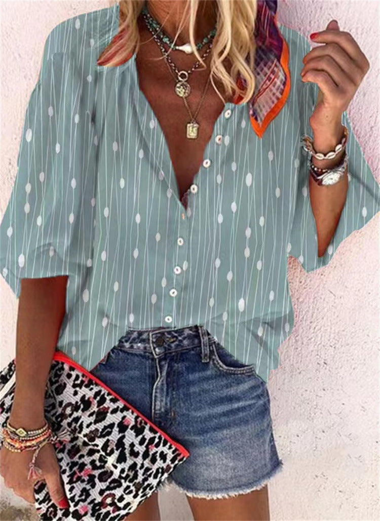 Women's Fashion Summer Stand Collar Loose Button Retro Blouses