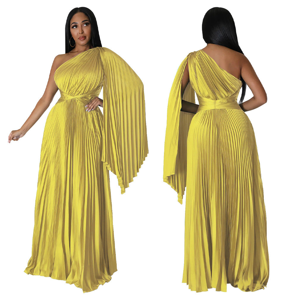 Women's Fashion Wear Pleated Diagonal Collar Tight Waist Skirts