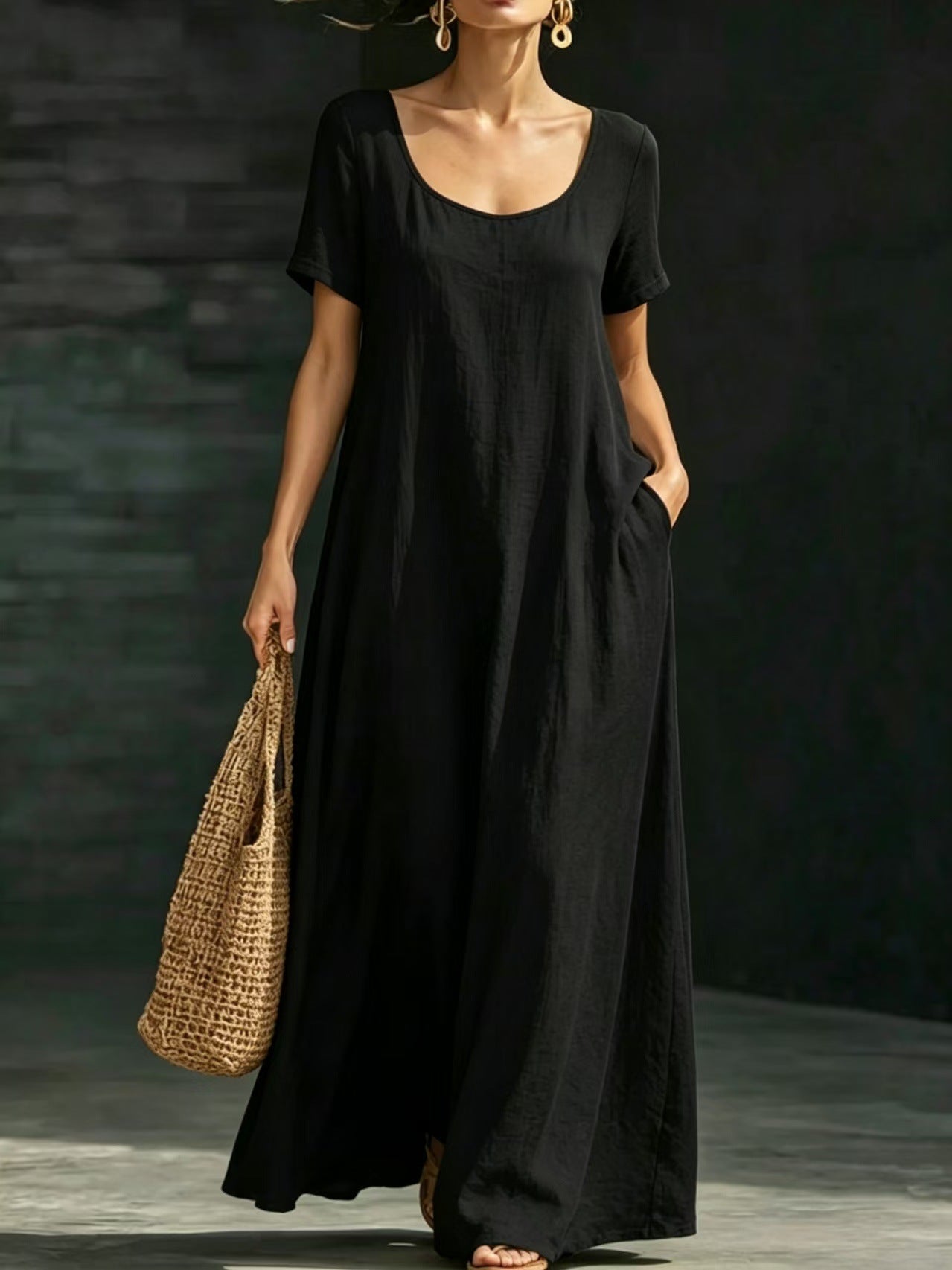 Women's Summer Collar Sleeve Loose Swing Casual Solid Dress